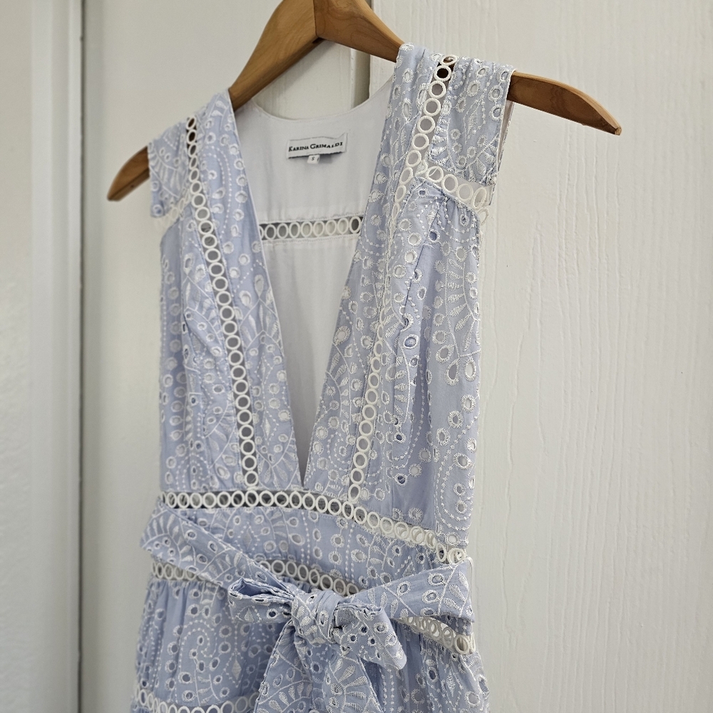 Karina Grimaldi Alba Eyelet Midi Dress Sky Blue Size S Summer Wedding Guest - Picture 15 of 16